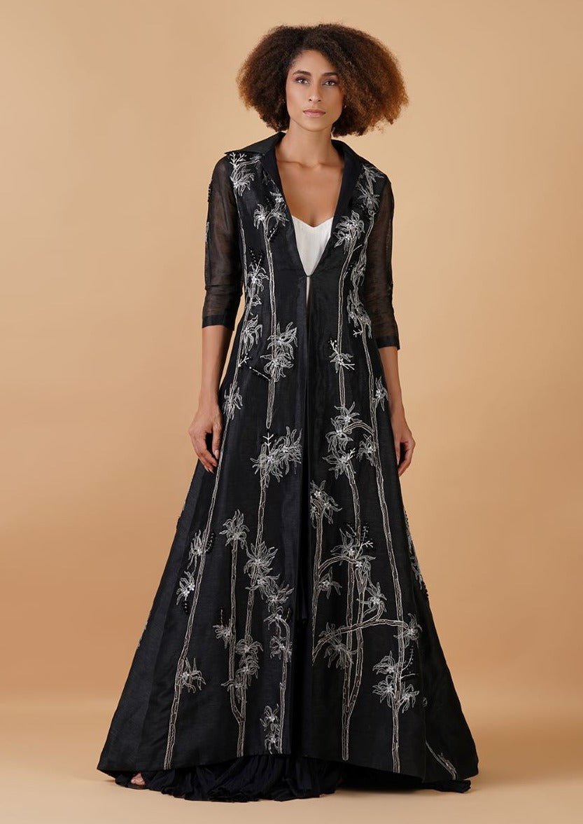 A floor length black chanderi jacket that is adorned with intricate embroideries - samantchauhan Apparel & Accessories
