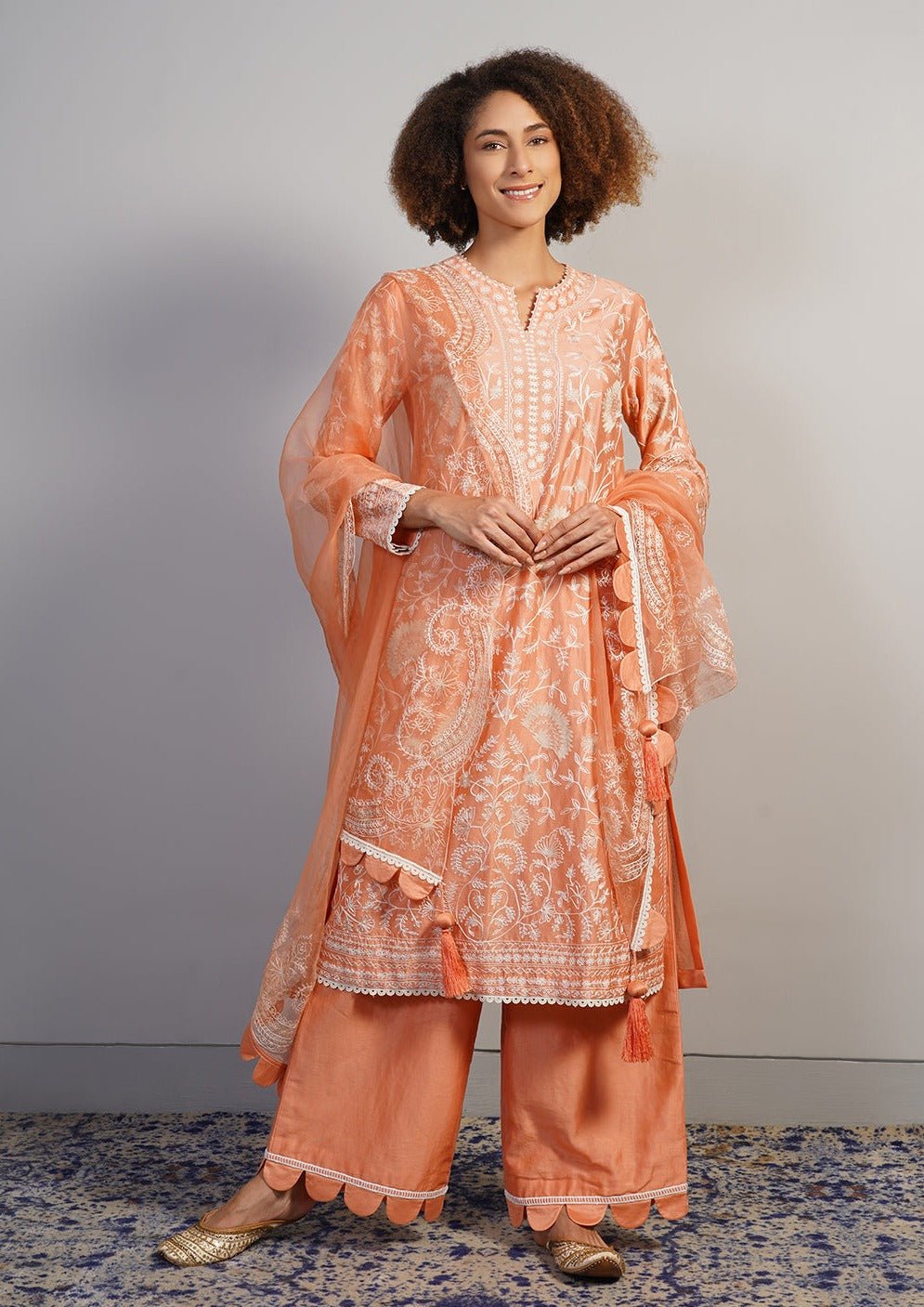 A gorgeous cotton silk suit set in peach that is adorned with Aari work in off - white silk yarn - samantchauhan Apparel & Accessories