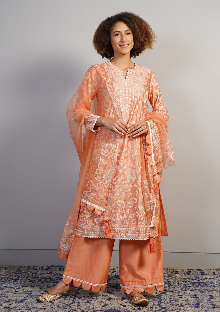 A gorgeous cotton silk suit set in peach that is adorned with Aari work in off - white silk yarn - samantchauhan Apparel &amp; Accessories