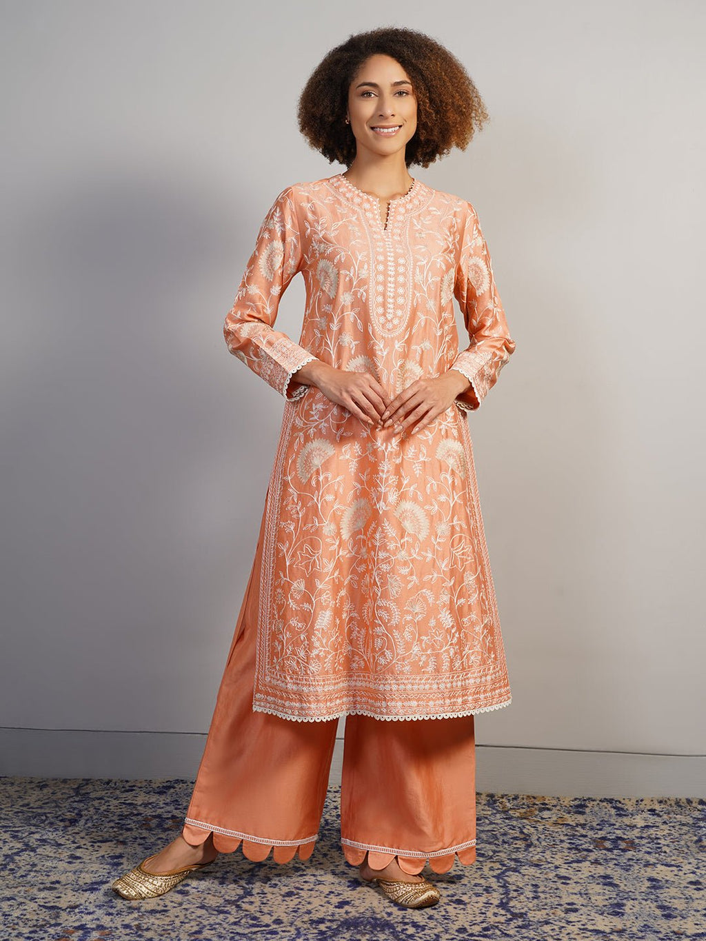 A gorgeous cotton silk suit set in peach that is adorned with Aari work in off - white silk yarn - samantchauhan Apparel & Accessories