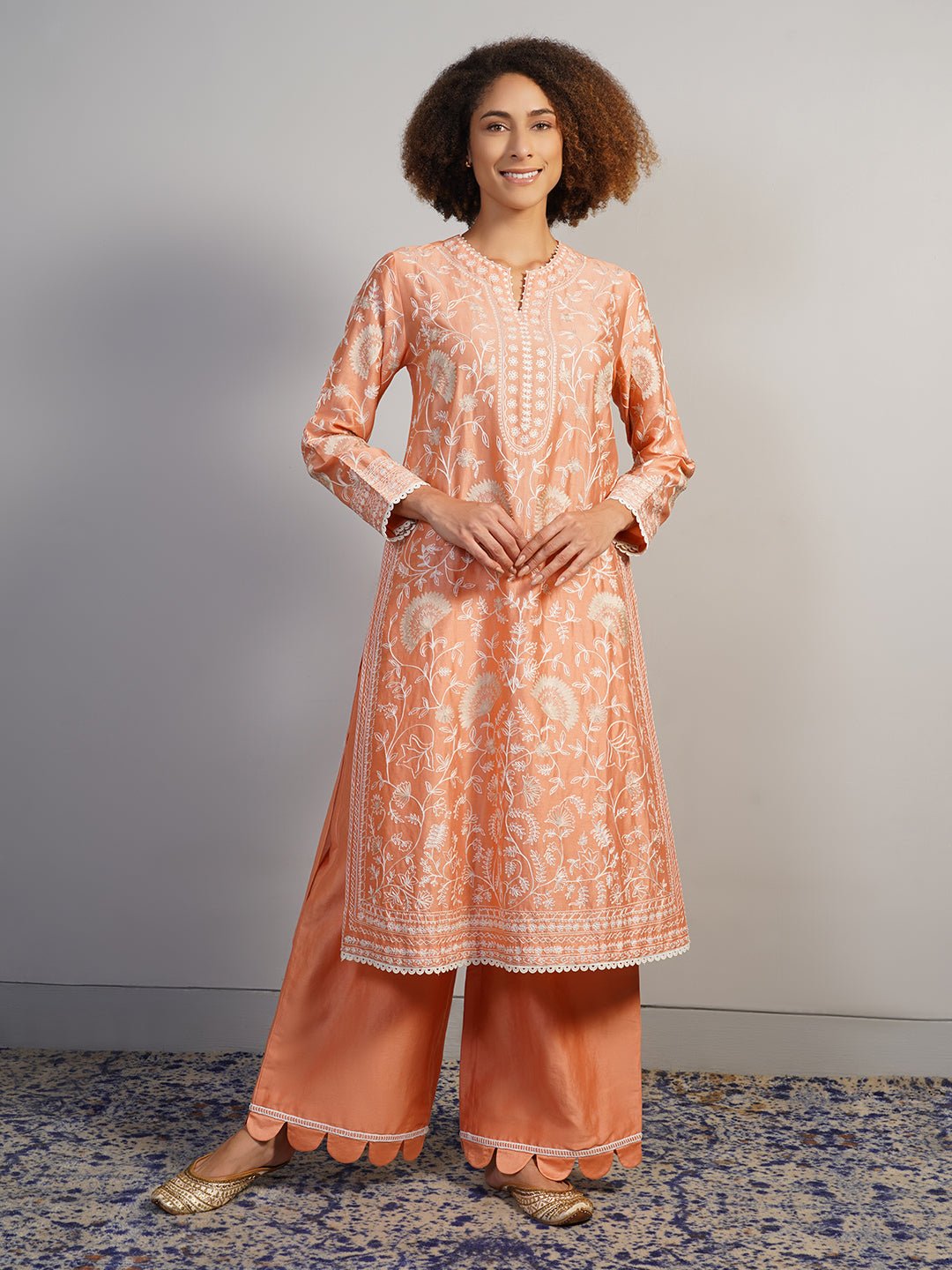 A gorgeous cotton silk suit set in peach that is adorned with Aari work in off - white silk yarn - samantchauhan Apparel & Accessories