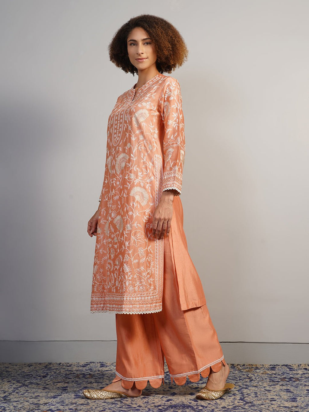 A gorgeous cotton silk suit set in peach that is adorned with Aari work in off - white silk yarn - samantchauhan Apparel & Accessories