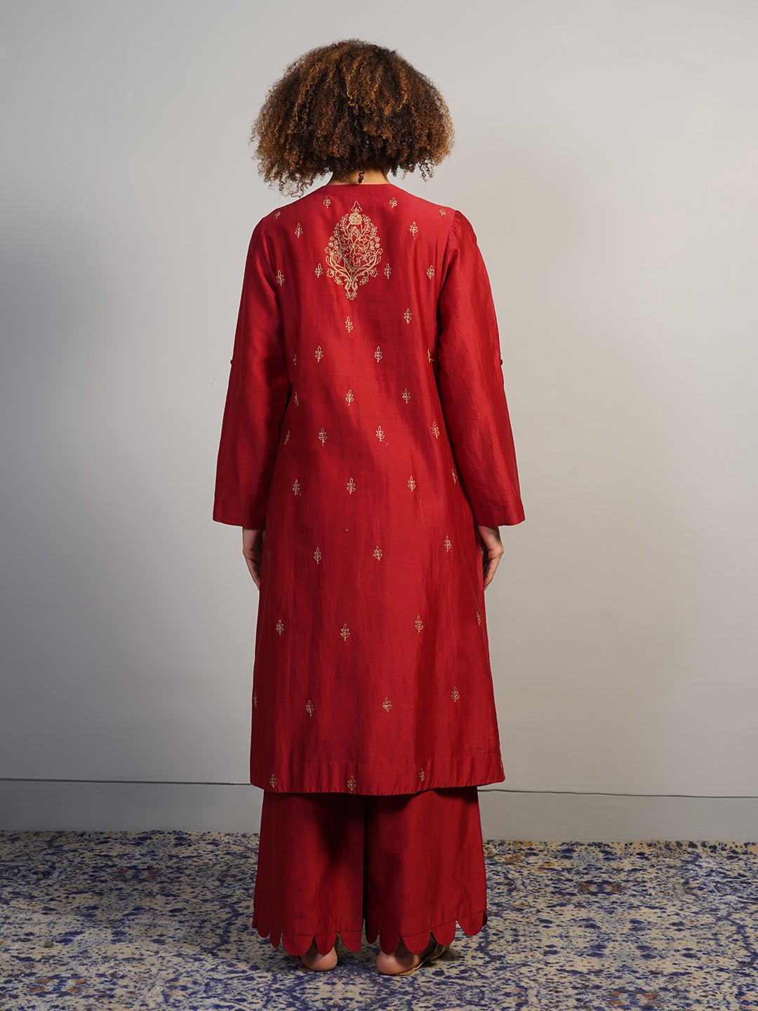 A gorgeous deep red cotton silk suit set in zero neck, showcasing rich Aari work - samantchauhan Apparel & Accessories