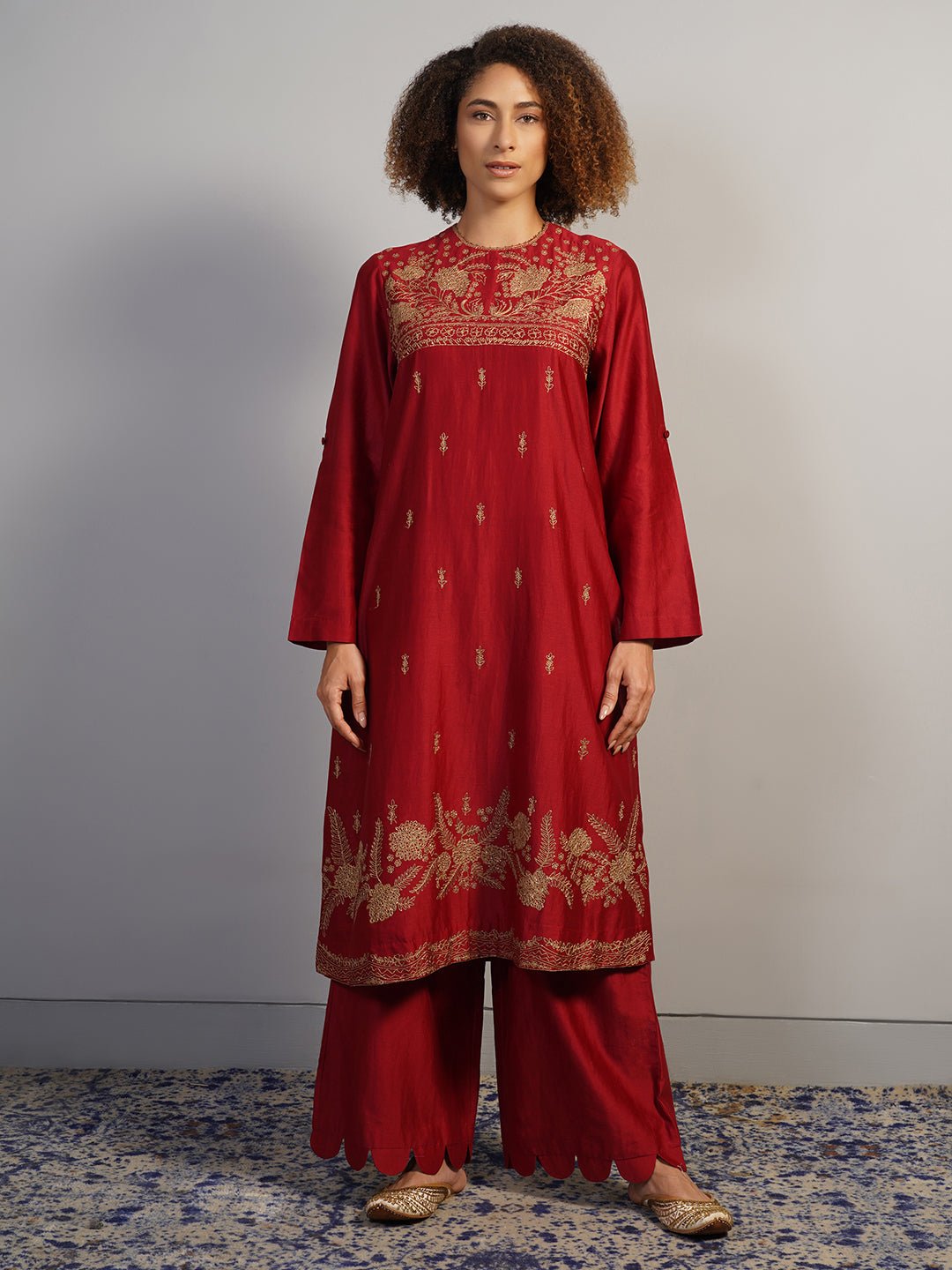 A gorgeous deep red cotton silk suit set in zero neck, showcasing rich Aari work - samantchauhan Apparel &amp; Accessories