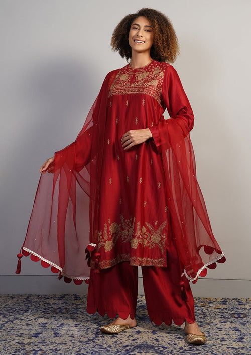 A gorgeous deep red cotton silk suit set in zero neck, showcasing rich Aari work - samantchauhan Apparel & Accessories