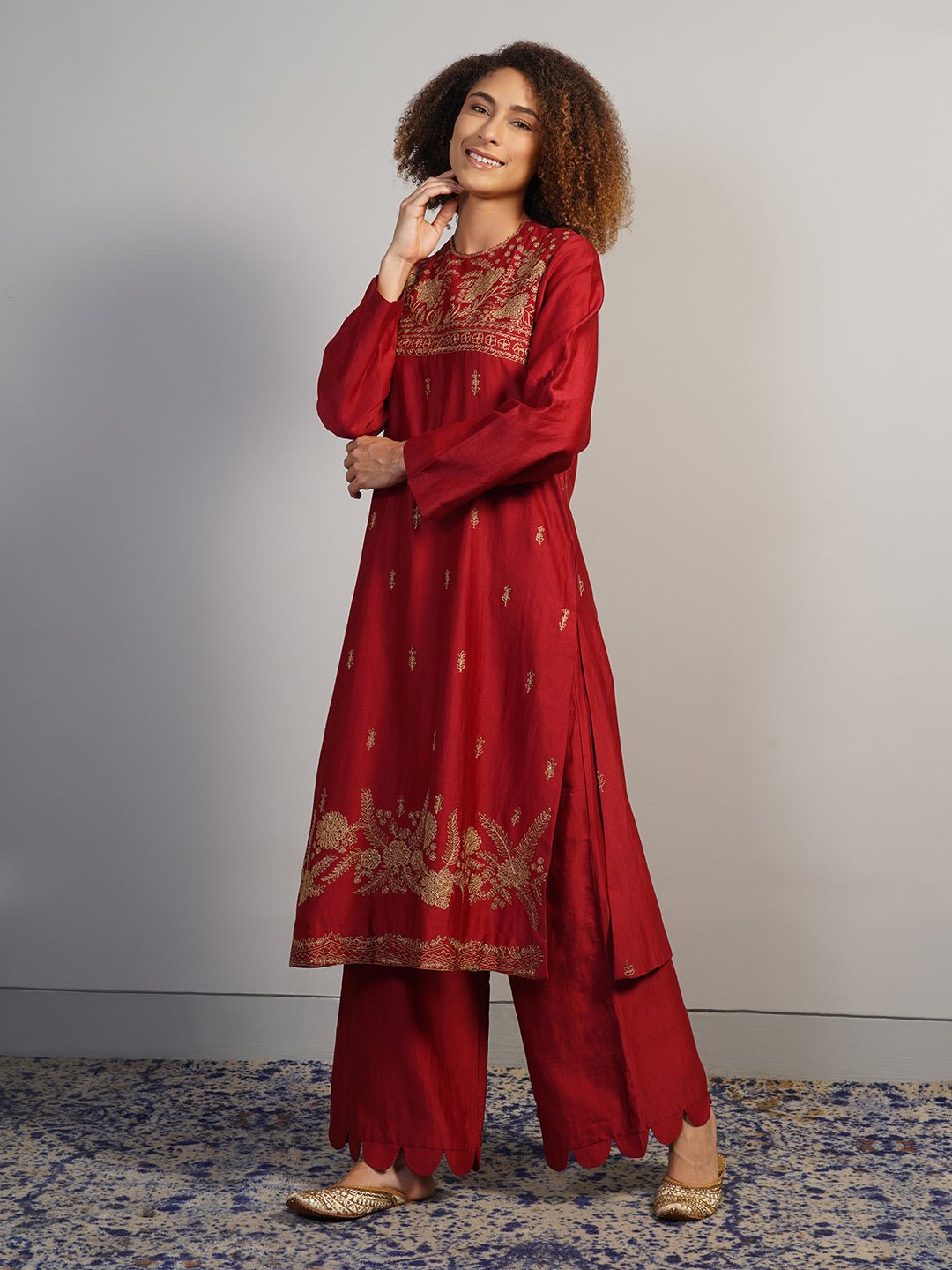 A gorgeous deep red cotton silk suit set in zero neck, showcasing rich Aari work - samantchauhan Apparel & Accessories