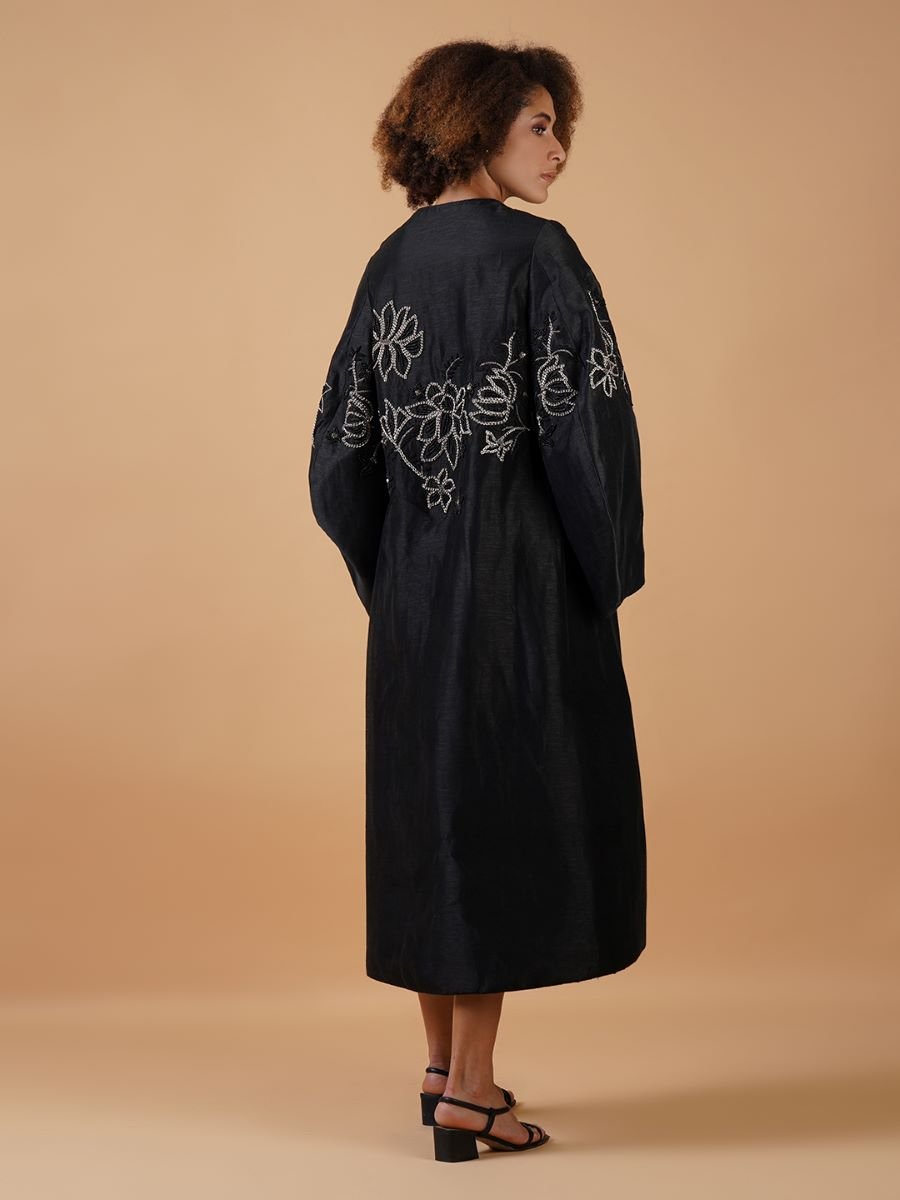 A lose - fit black cotton silk dress with silver embroidery flowers beautifully yoke - samantchauhan Apparel & Accessories