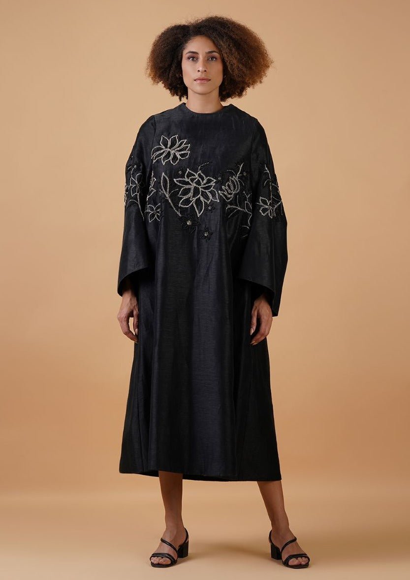 A lose - fit black cotton silk dress with silver embroidery flowers beautifully yoke - samantchauhan Apparel & Accessories