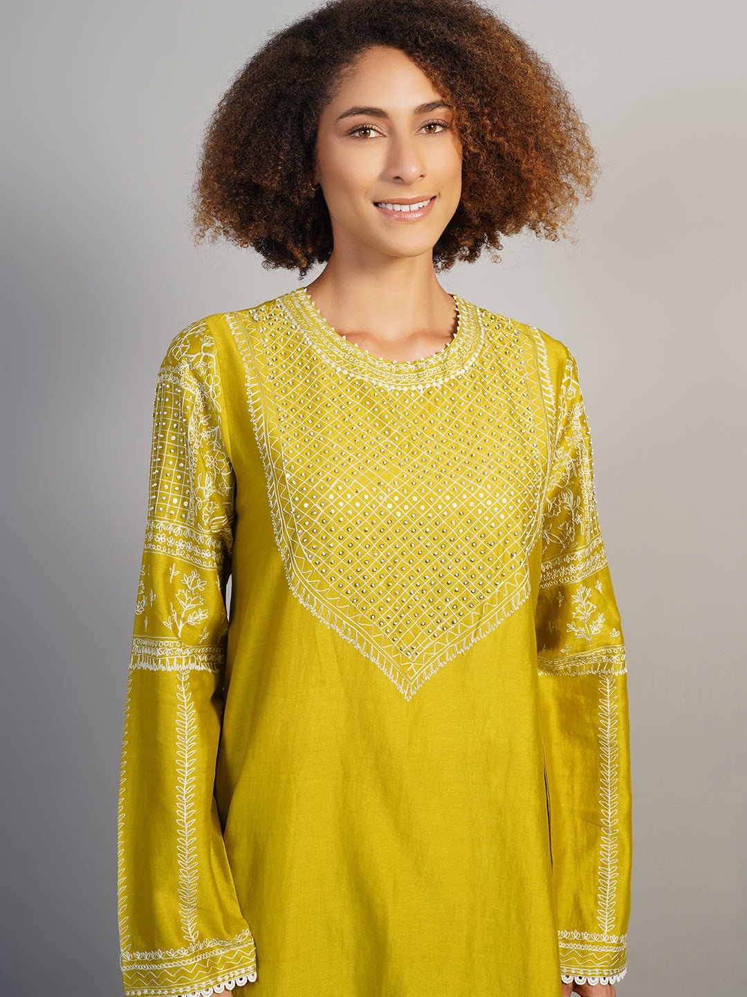 A lovely warm olive cotton silk suit set that is intricately embroidered in Aari work - samantchauhan Apparel & Accessories