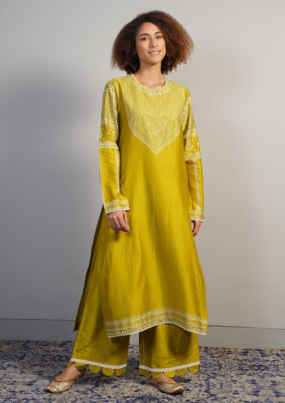 A lovely warm olive cotton silk suit set that is intricately embroidered in Aari work - samantchauhan Apparel & Accessories
