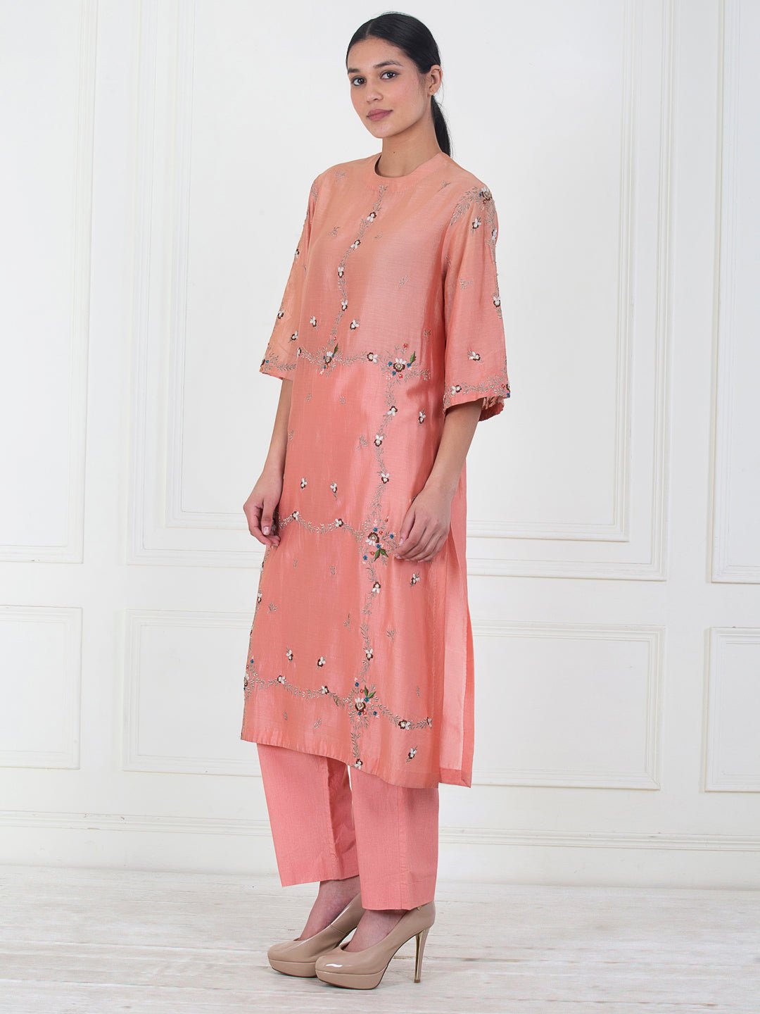 A peach cotton silk front embroidered Kurta set - samantchauhan Apparel & Accessories