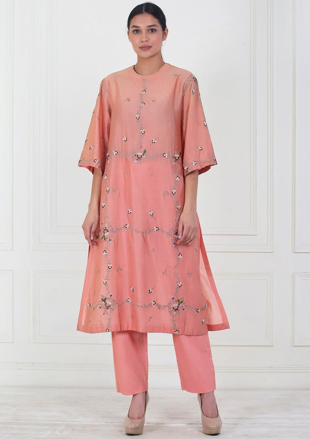 A peach cotton silk front embroidered Kurta set - samantchauhan Apparel & Accessories