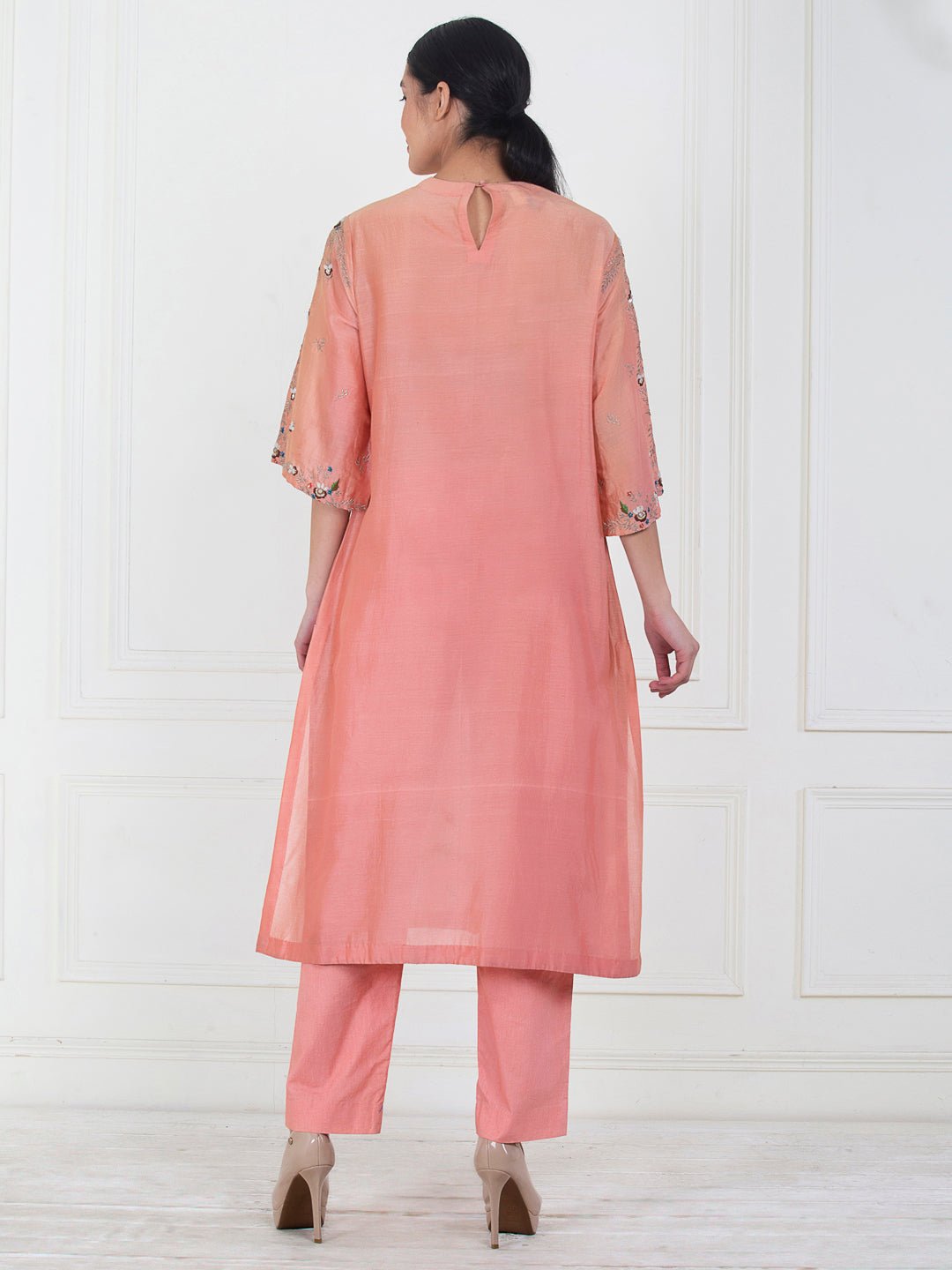 A peach cotton silk front embroidered Kurta set - samantchauhan Apparel & Accessories