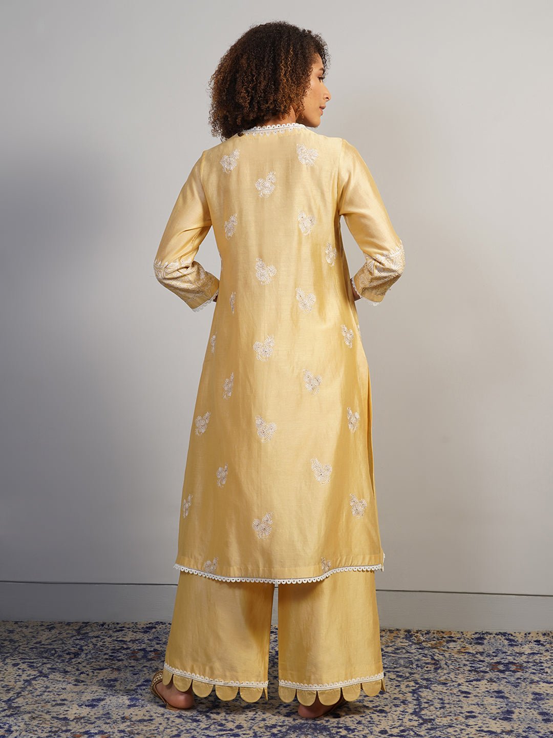 A pleasant, V - neck beige cotton silk suit set that is adorned with subtle aari work embroidery - samantchauhan Apparel & Accessories