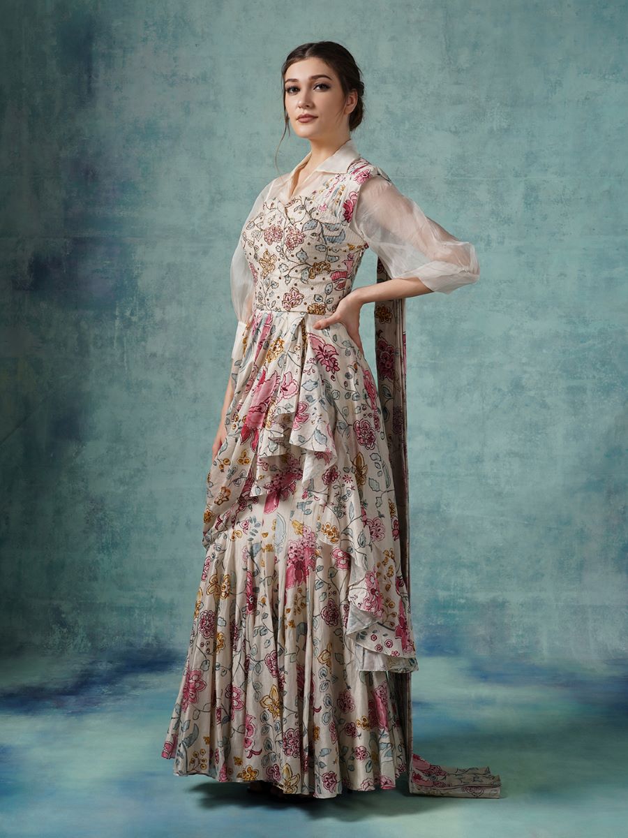 A printed cotton silk ruffle drape saree - samantchauhan Apparel & Accessories