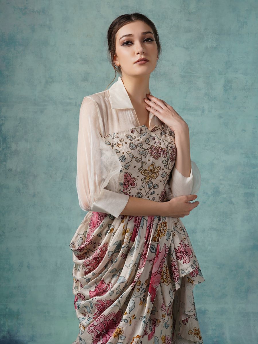 A printed cotton silk ruffle drape saree - samantchauhan Apparel & Accessories