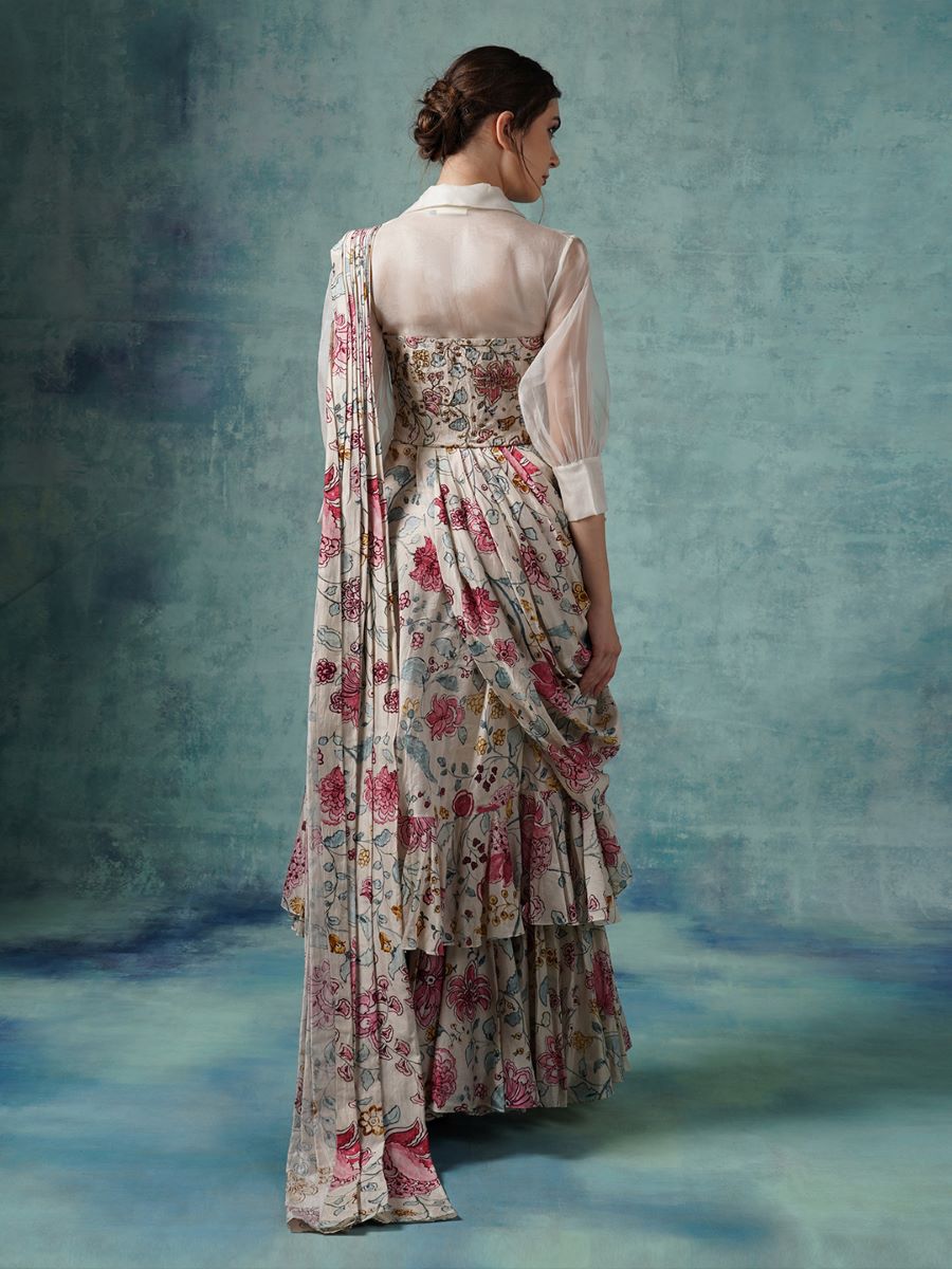 A printed cotton silk ruffle drape saree - samantchauhan Apparel & Accessories