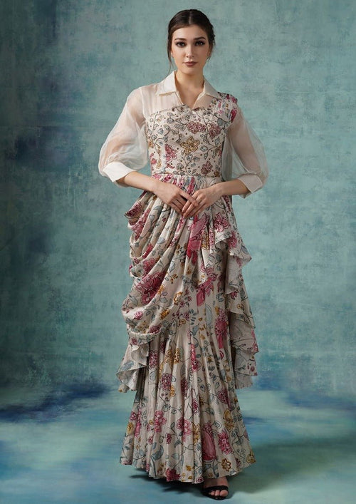 A printed cotton silk ruffle drape saree - samantchauhan Apparel & Accessories
