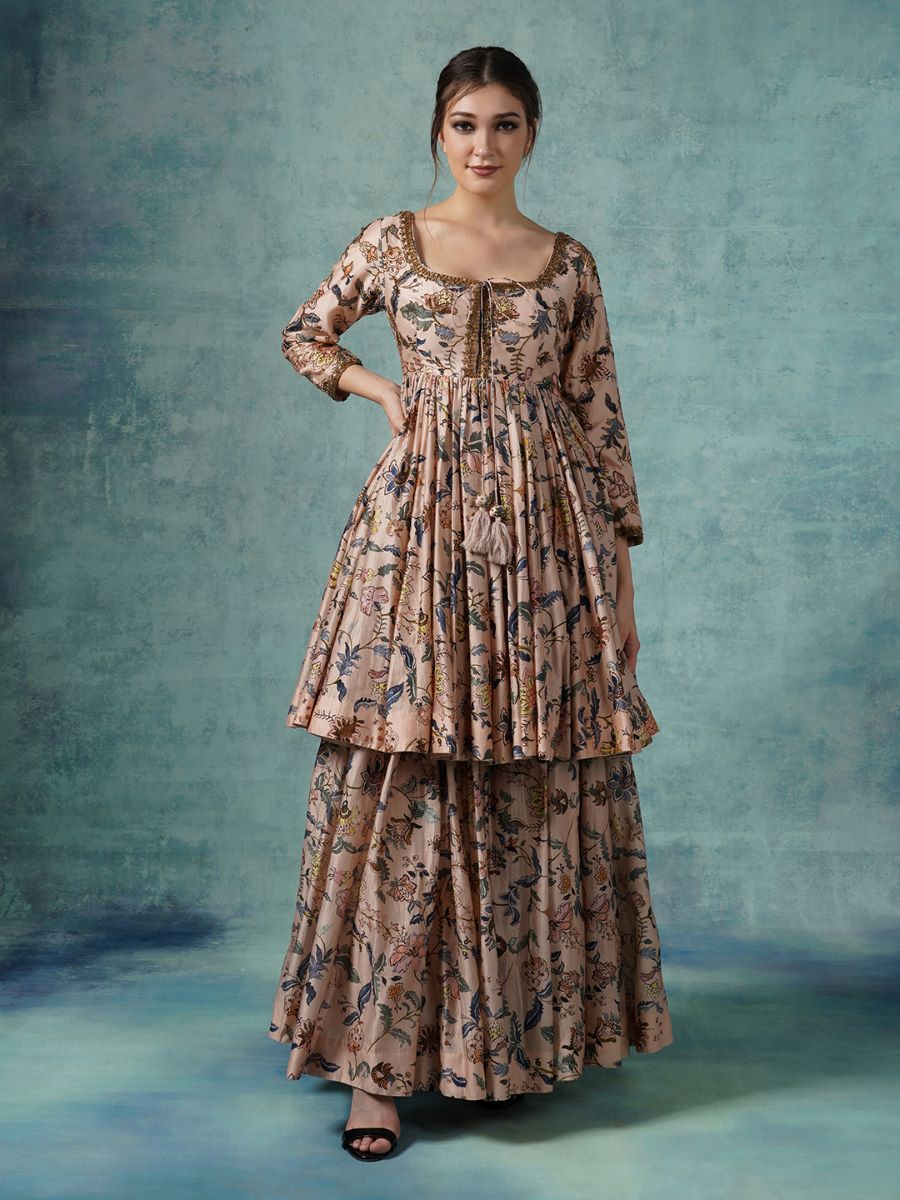 A printed peplum style top with matching flair skirt - samantchauhan Apparel & Accessories
