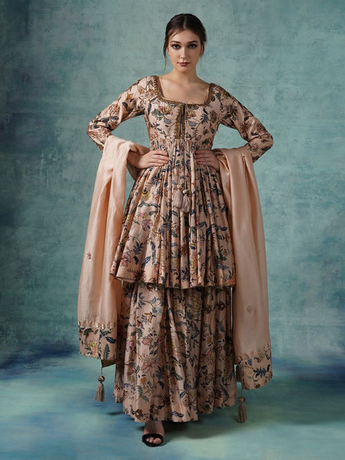 A printed peplum style top with matching flair skirt - samantchauhan Apparel & Accessories