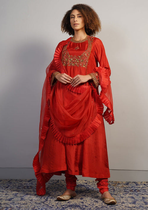 A rich looking, zero neck silk suit set in red that is intricately hand embroidered in zardozi - samantchauhan Apparel & Accessories
