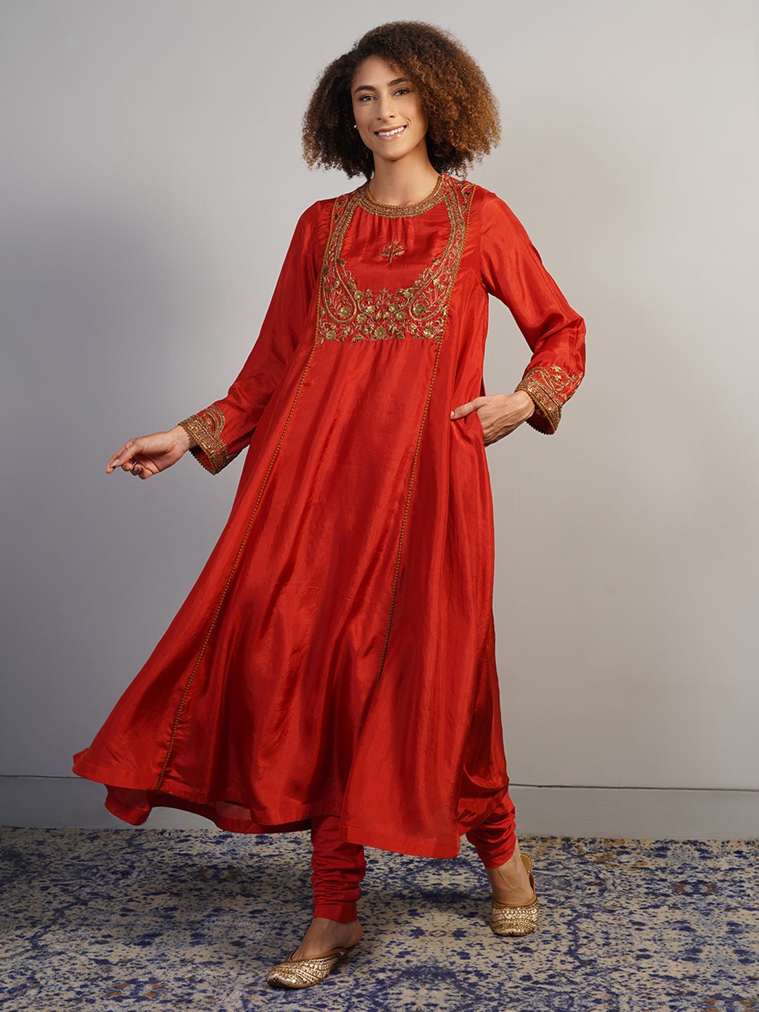 A rich looking, zero neck silk suit set in red that is intricately hand embroidered in zardozi - samantchauhan Apparel & Accessories