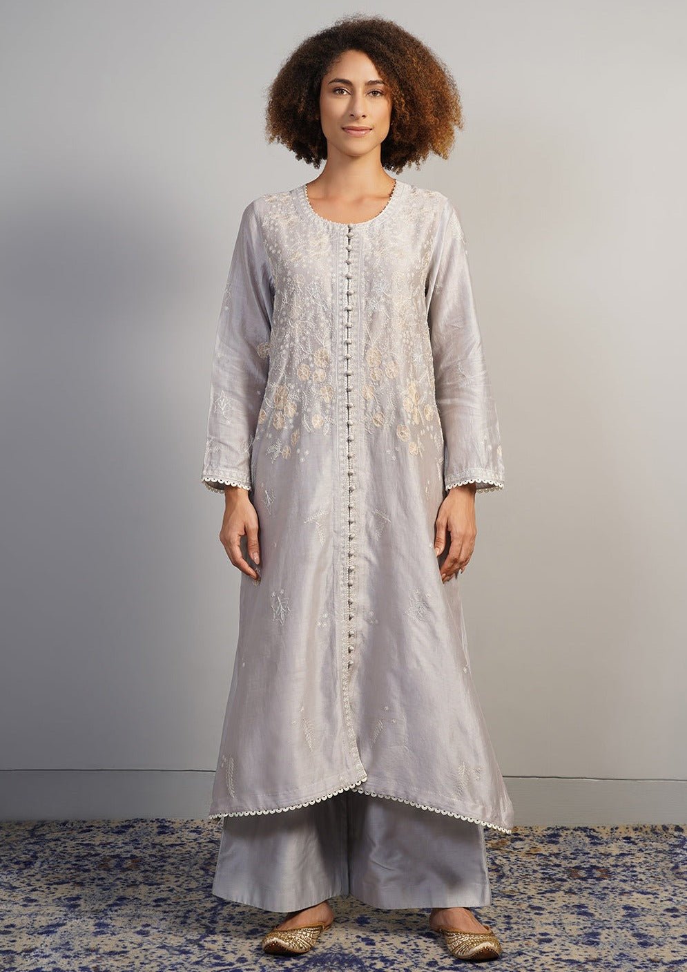 A round neck cotton silk suit set that is beautifully embroidered in off - white silk yarn - samantchauhan Apparel & Accessories