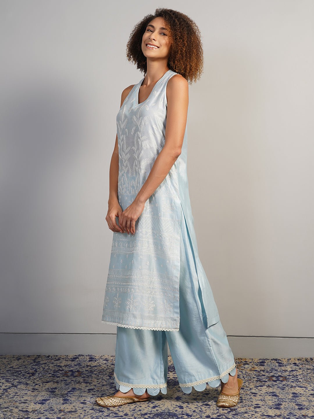 A V - neck, powder blue cotton silk suit set that is decorated subtly in Aari work embroidery - samantchauhan Apparel & Accessories