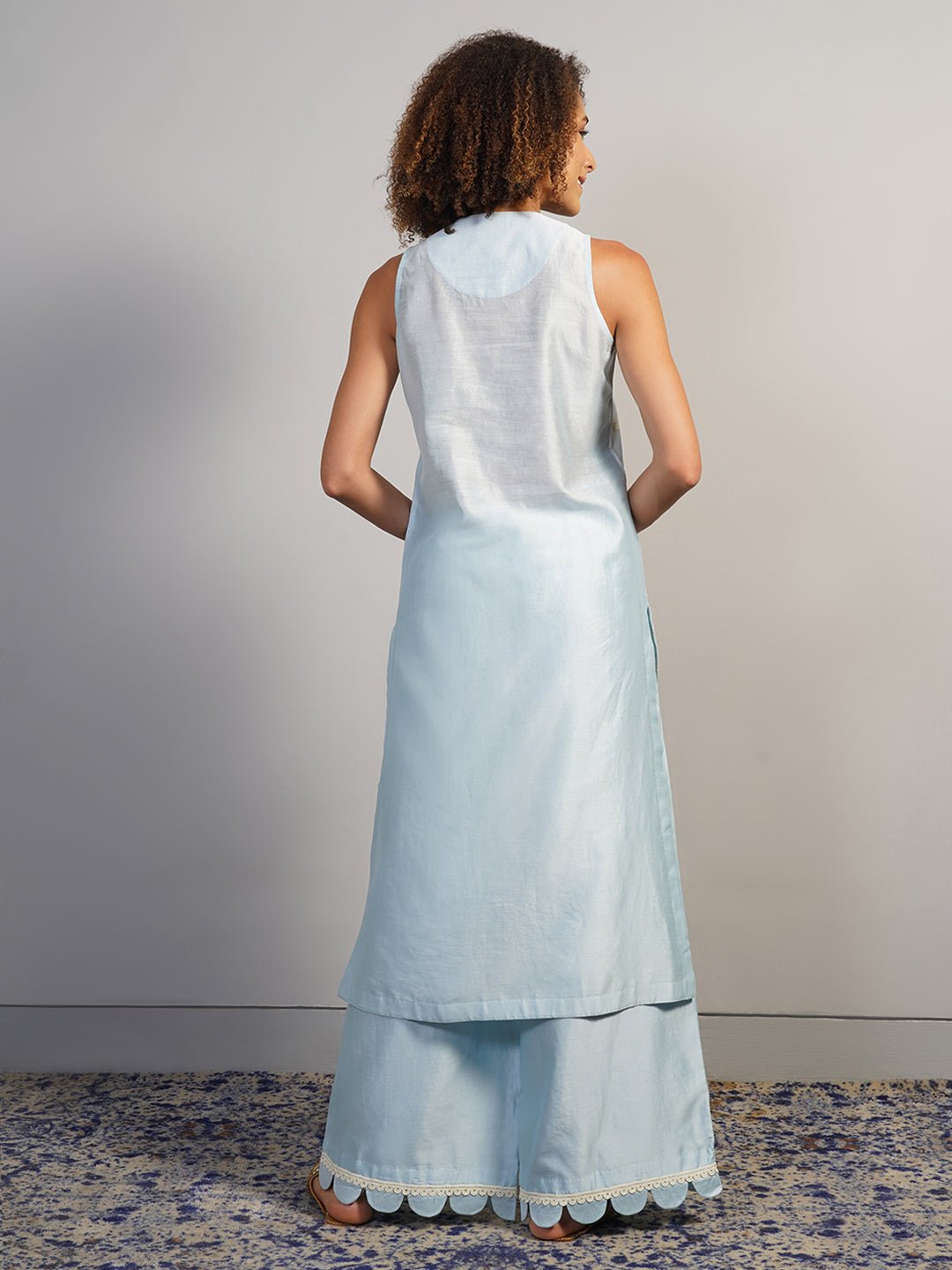 A V - neck, powder blue cotton silk suit set that is decorated subtly in Aari work embroidery - samantchauhan Apparel & Accessories