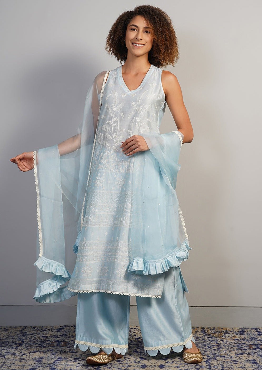 A V - neck, powder blue cotton silk suit set that is decorated subtly in Aari work embroidery - samantchauhan Apparel & Accessories