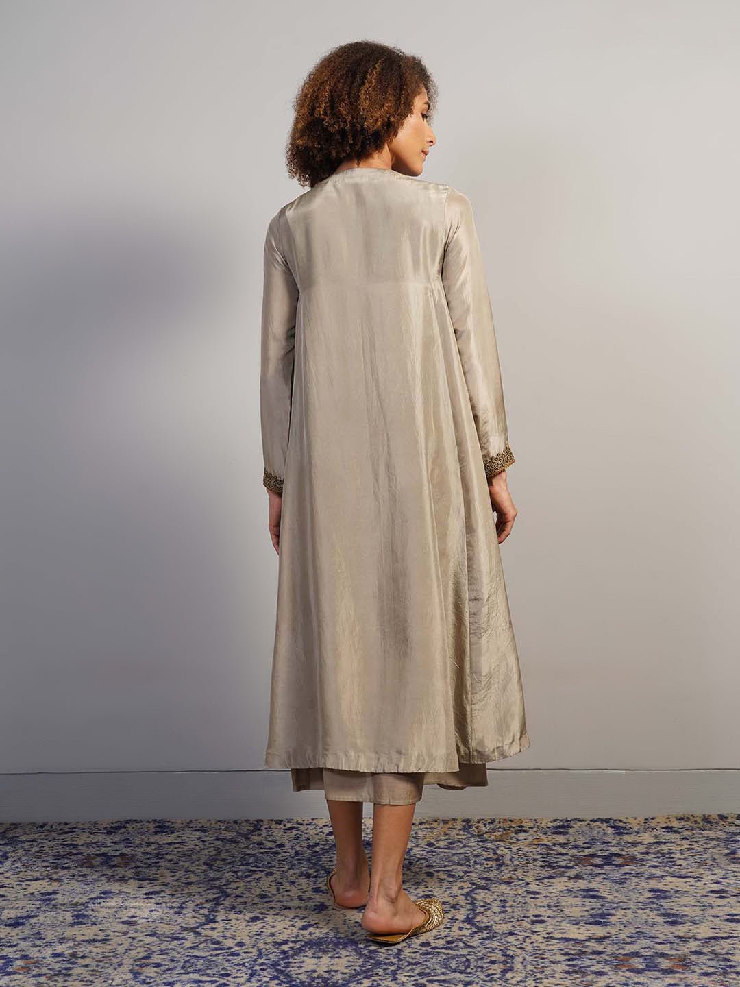 A warm grey silk suit set that is open in the front and secured with a knot at the squared neckline - samantchauhan Apparel & Accessories