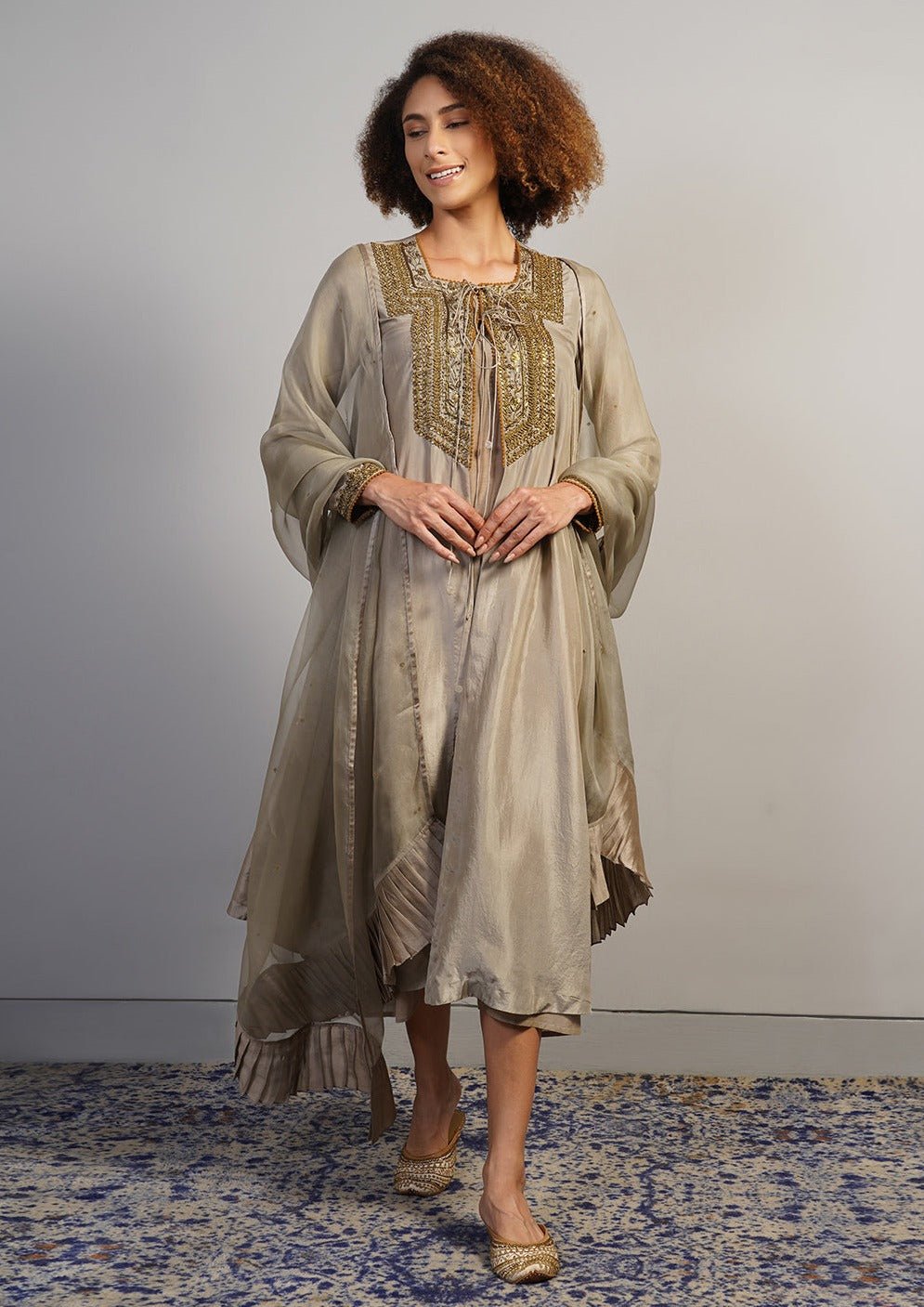 A warm grey silk suit set that is open in the front and secured with a knot at the squared neckline - samantchauhan Apparel & Accessories