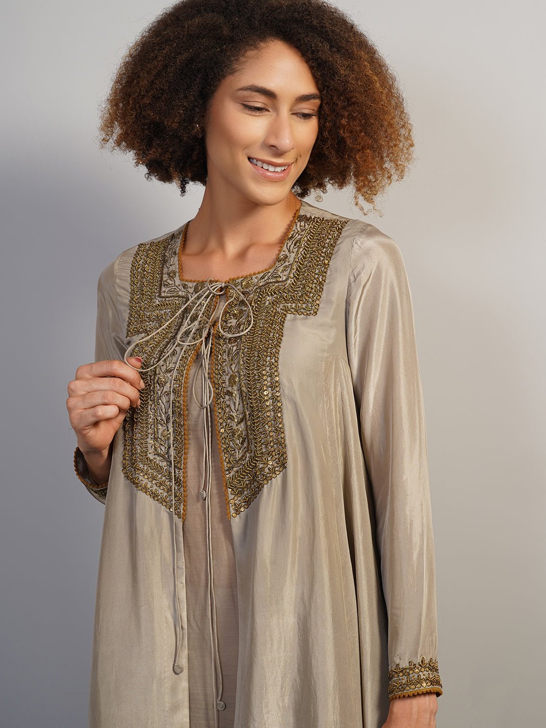 A warm grey silk suit set that is open in the front and secured with a knot at the squared neckline - samantchauhan Apparel & Accessories