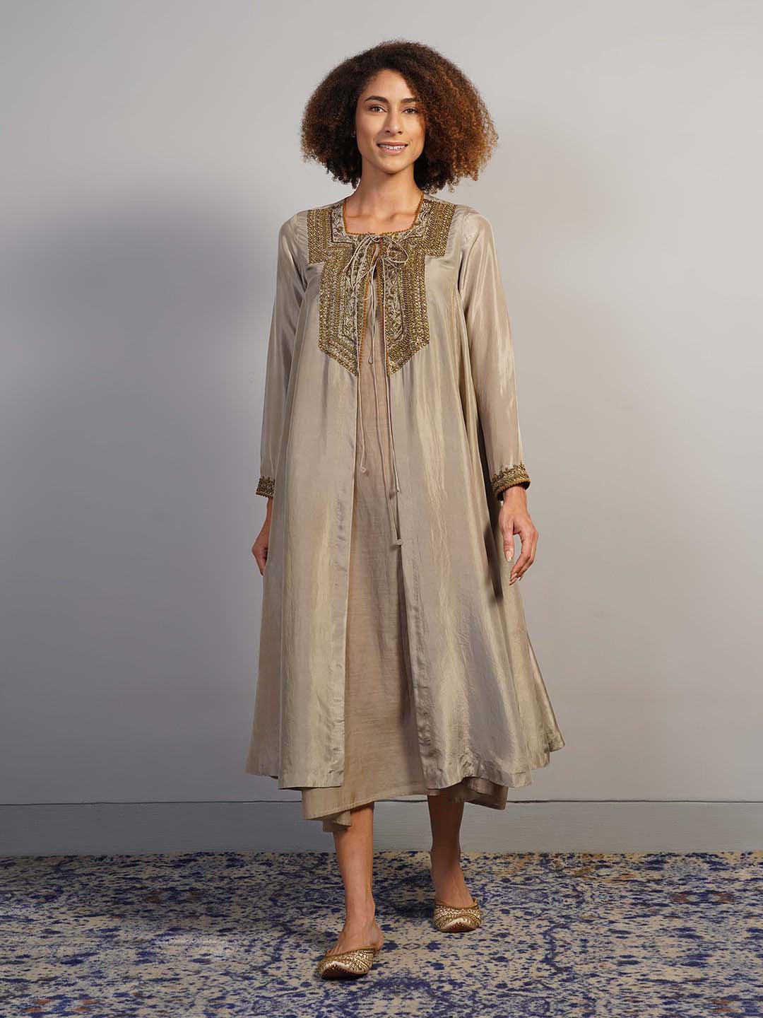 A warm grey silk suit set that is open in the front and secured with a knot at the squared neckline - samantchauhan Apparel &amp; Accessories