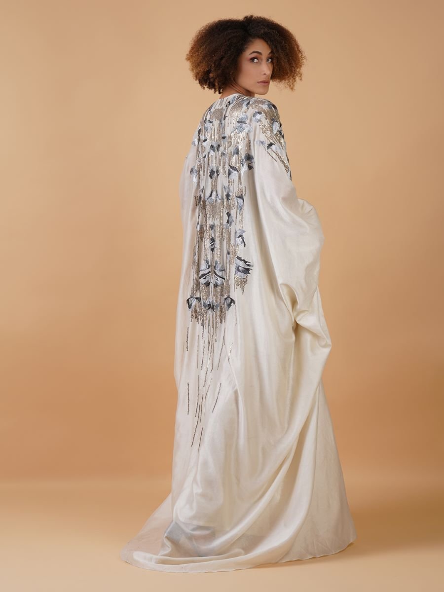 A white cotton silk kaftan dress with zero neck - samantchauhan Apparel & Accessories