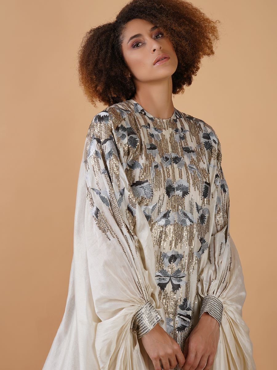 A white cotton silk kaftan dress with zero neck - samantchauhan Apparel & Accessories