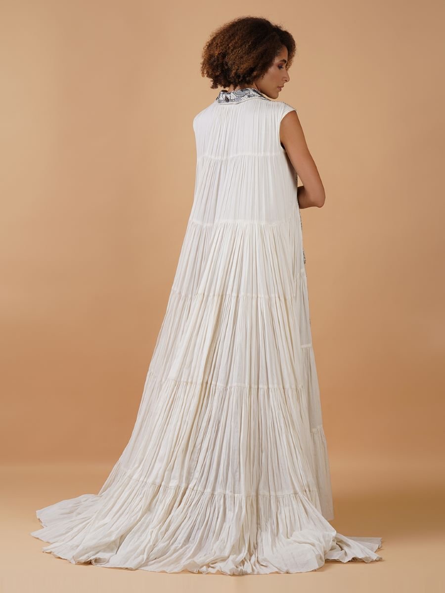 A white cotton tier dress with an embroidered chanderi panel in the front - samantchauhan Apparel & Accessories