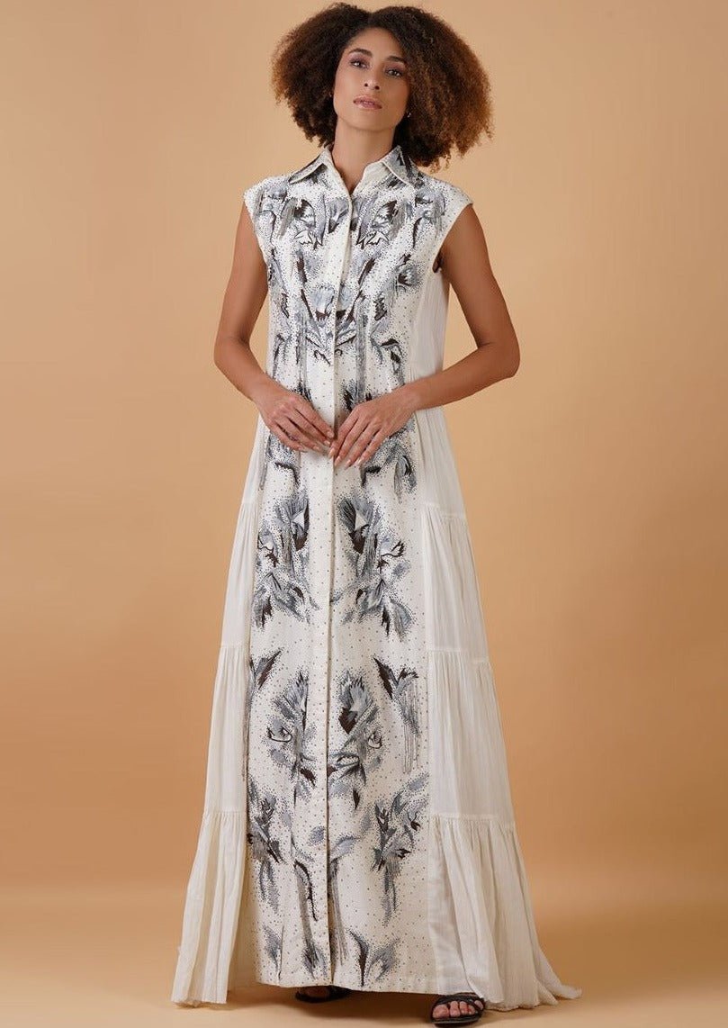 A white cotton tier dress with an embroidered chanderi panel in the front - samantchauhan Apparel & Accessories
