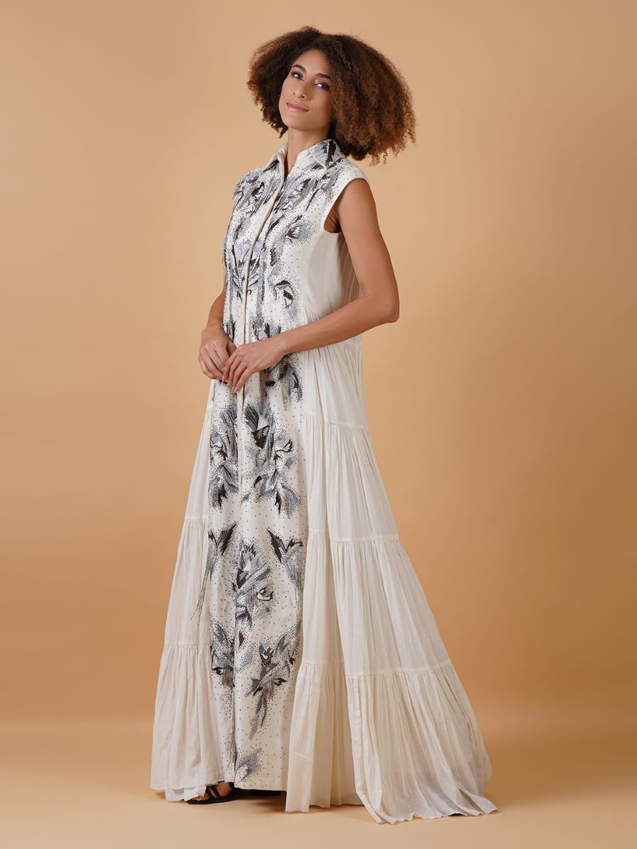 A white cotton tier dress with an embroidered chanderi panel in the front - samantchauhan Apparel & Accessories