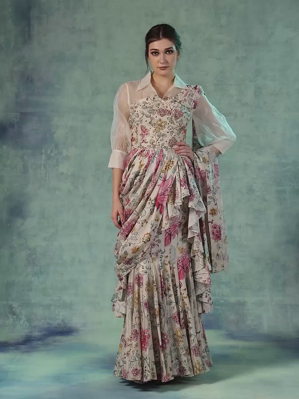A printed cotton silk ruffle drape saree