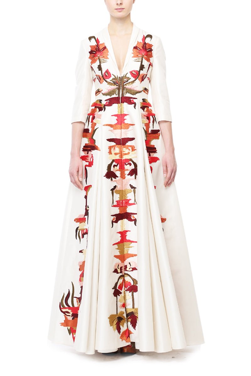 Abstract Embroidery showcased on ivory cotton silk Gown - samantchauhan
