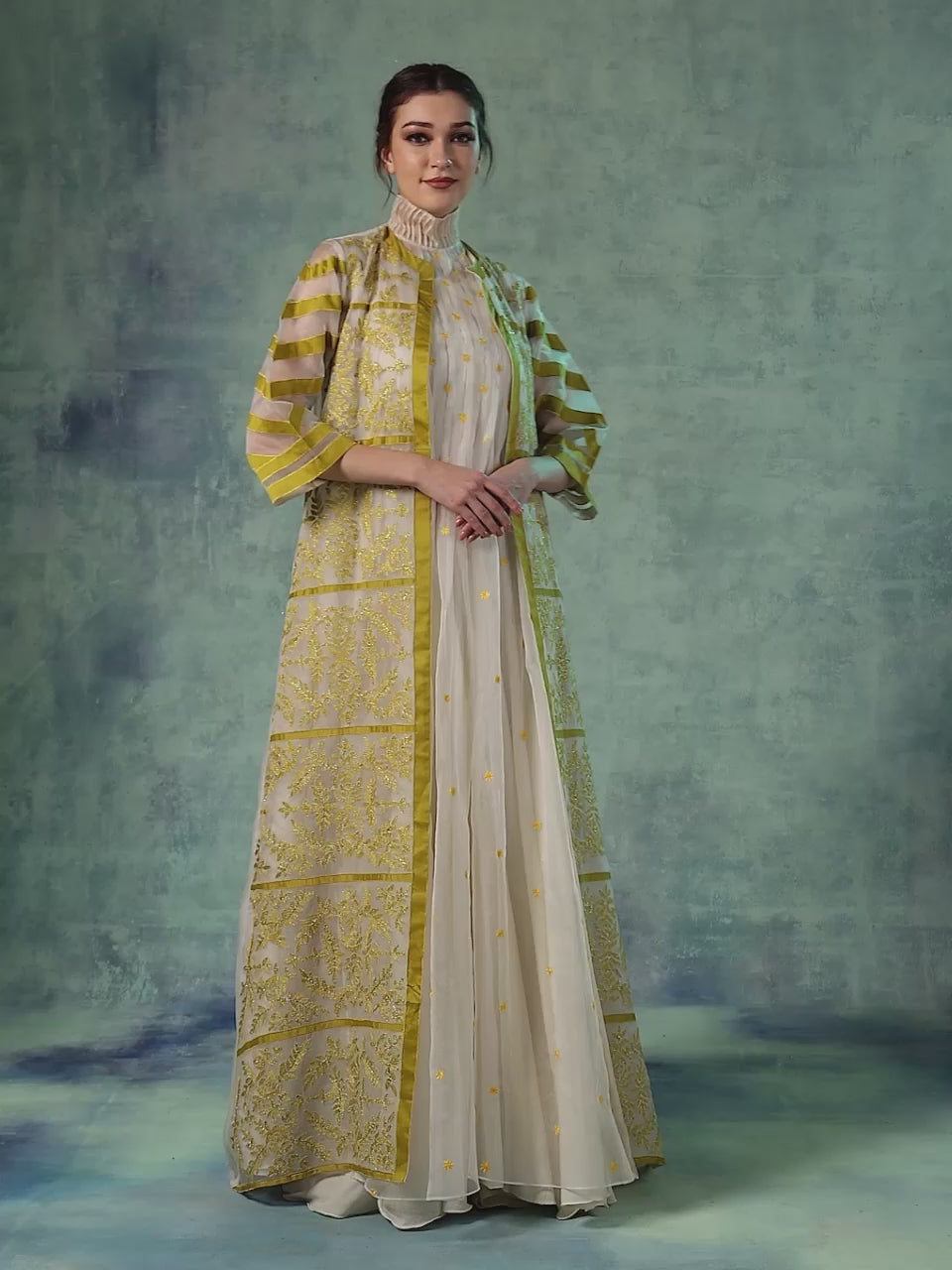 Organza floor length gown topped with embroidered organza jacket