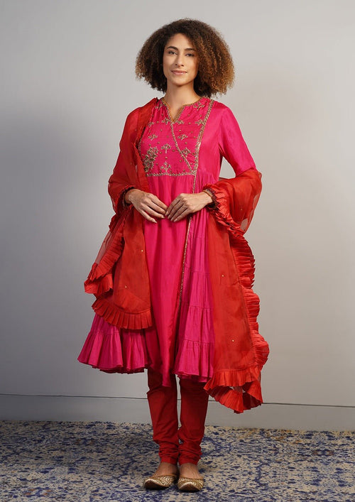 An A - line, tiered kurta in cotton along with silk sleeves - samantchauhan Apparel & Accessories