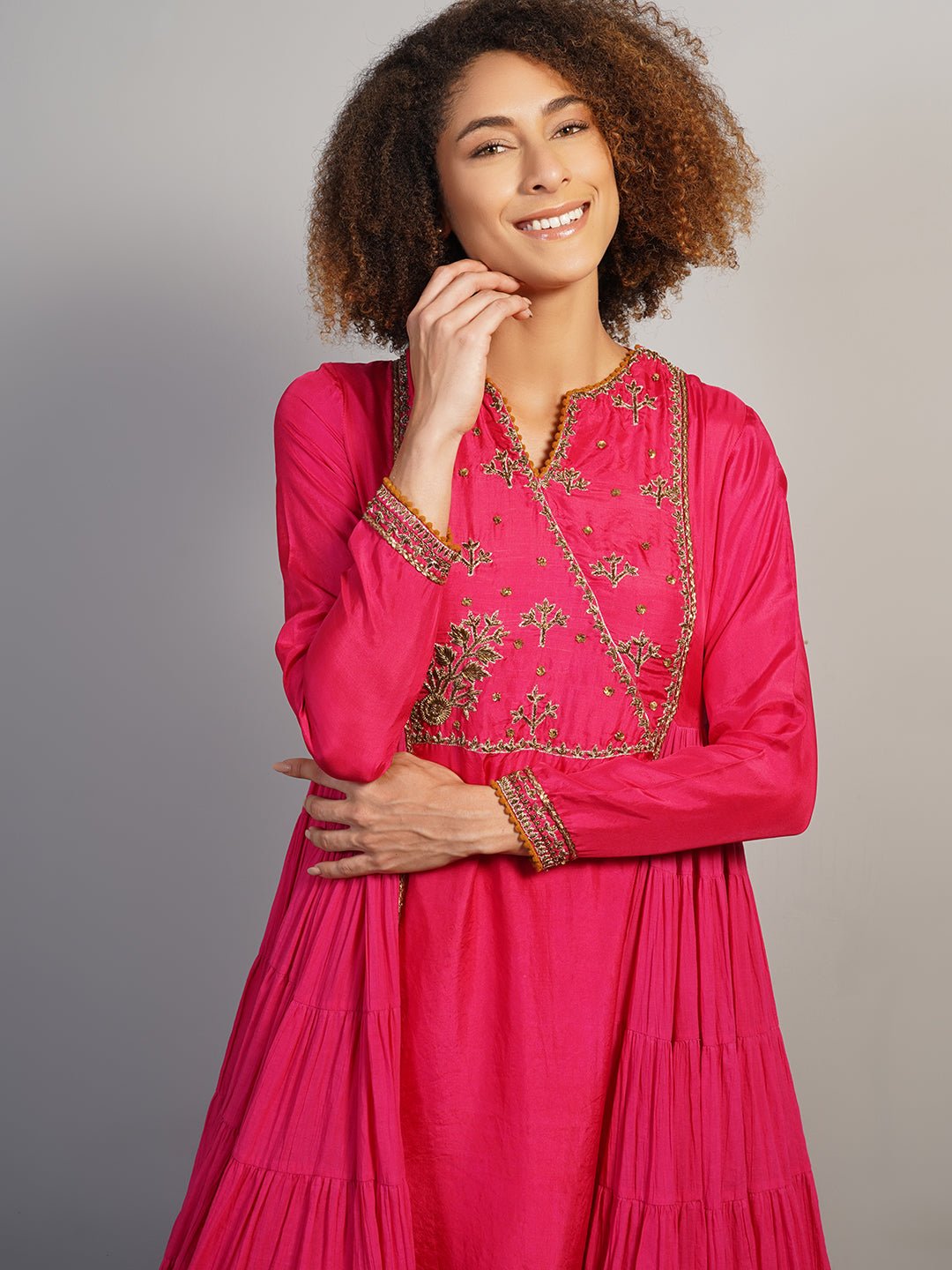 An A - line, tiered kurta in cotton along with silk sleeves - samantchauhan Apparel & Accessories