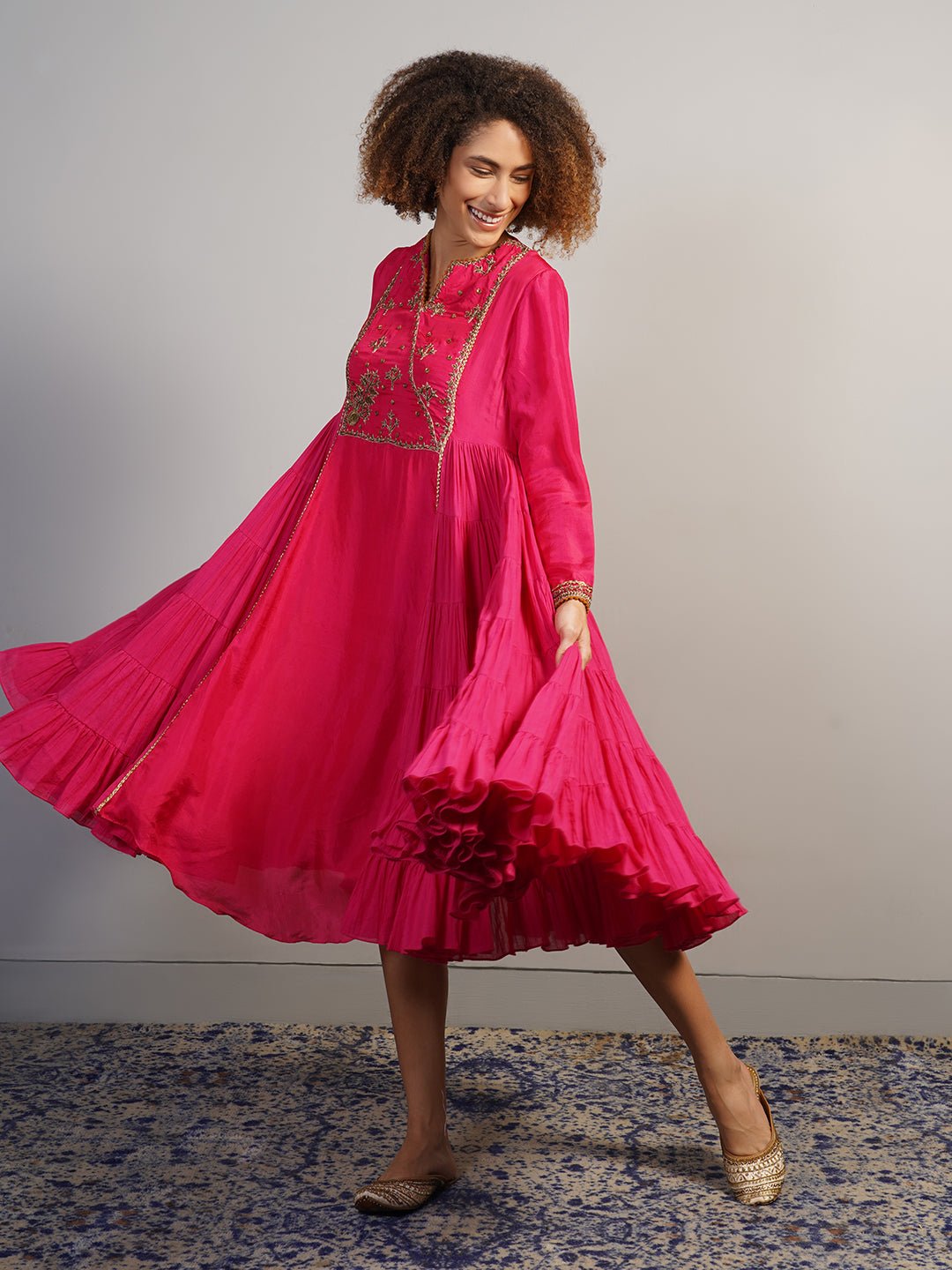 An A - line, tiered kurta in cotton along with silk sleeves - samantchauhan Apparel & Accessories