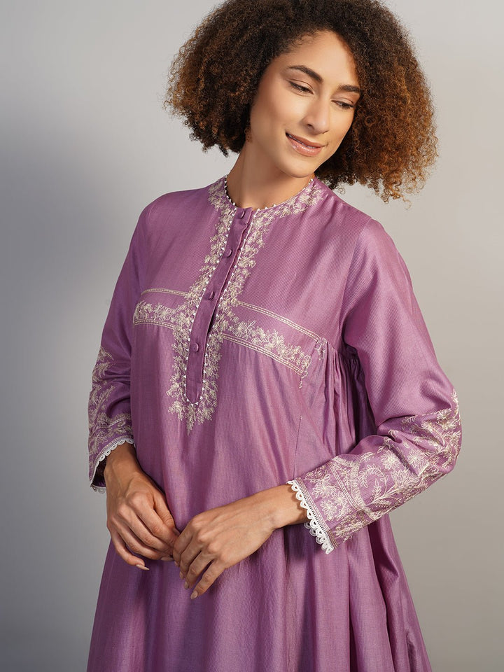 An alluring lavender, A - line, zero neck cotton silk suit set - samantchauhan Apparel &amp; Accessories