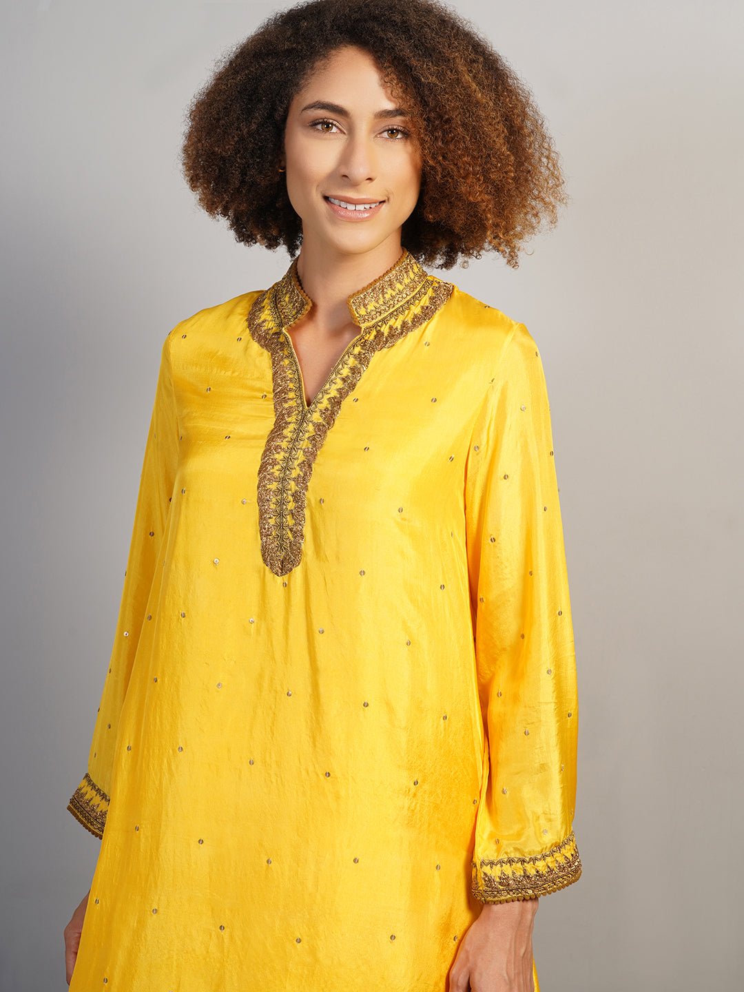 An alluring yellow silk suit set with extended sides is decorated with hand zardosi embroidery - samantchauhan Apparel & Accessories