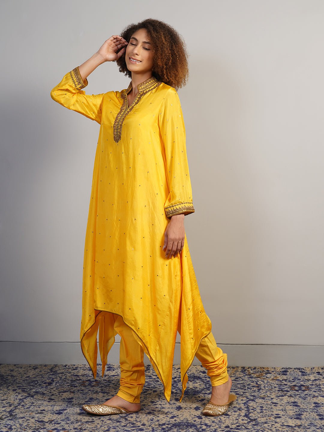 An alluring yellow silk suit set with extended sides is decorated with hand zardosi embroidery - samantchauhan Apparel & Accessories