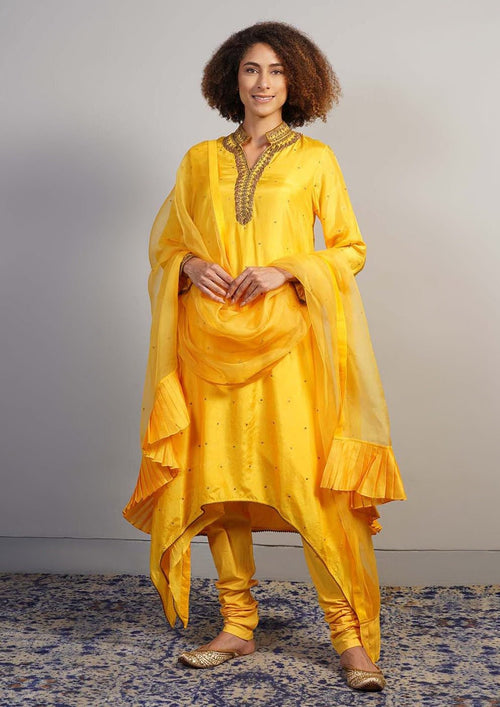 An alluring yellow silk suit set with extended sides is decorated with hand zardosi embroidery - samantchauhan Apparel & Accessories