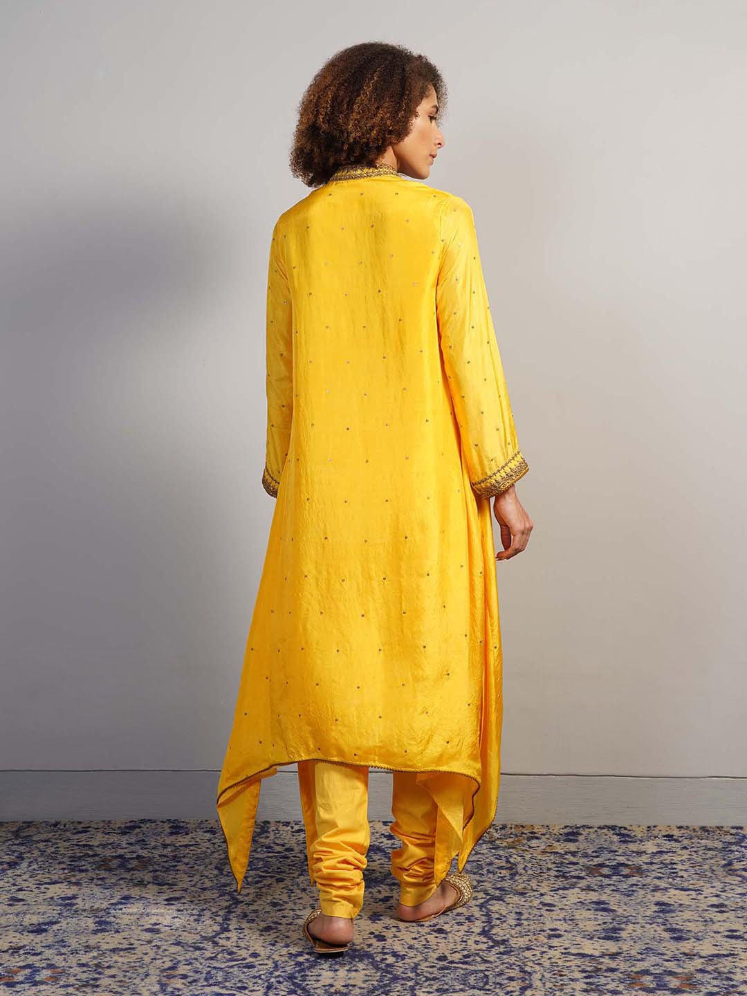 An alluring yellow silk suit set with extended sides is decorated with hand zardosi embroidery - samantchauhan Apparel & Accessories